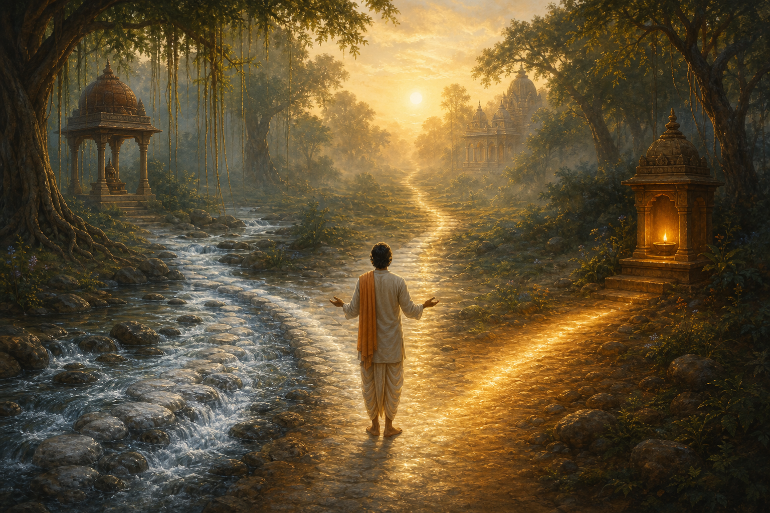 A devotee stands where a clear forest stream and a golden path converge near a softly lit hermitage at dawn.