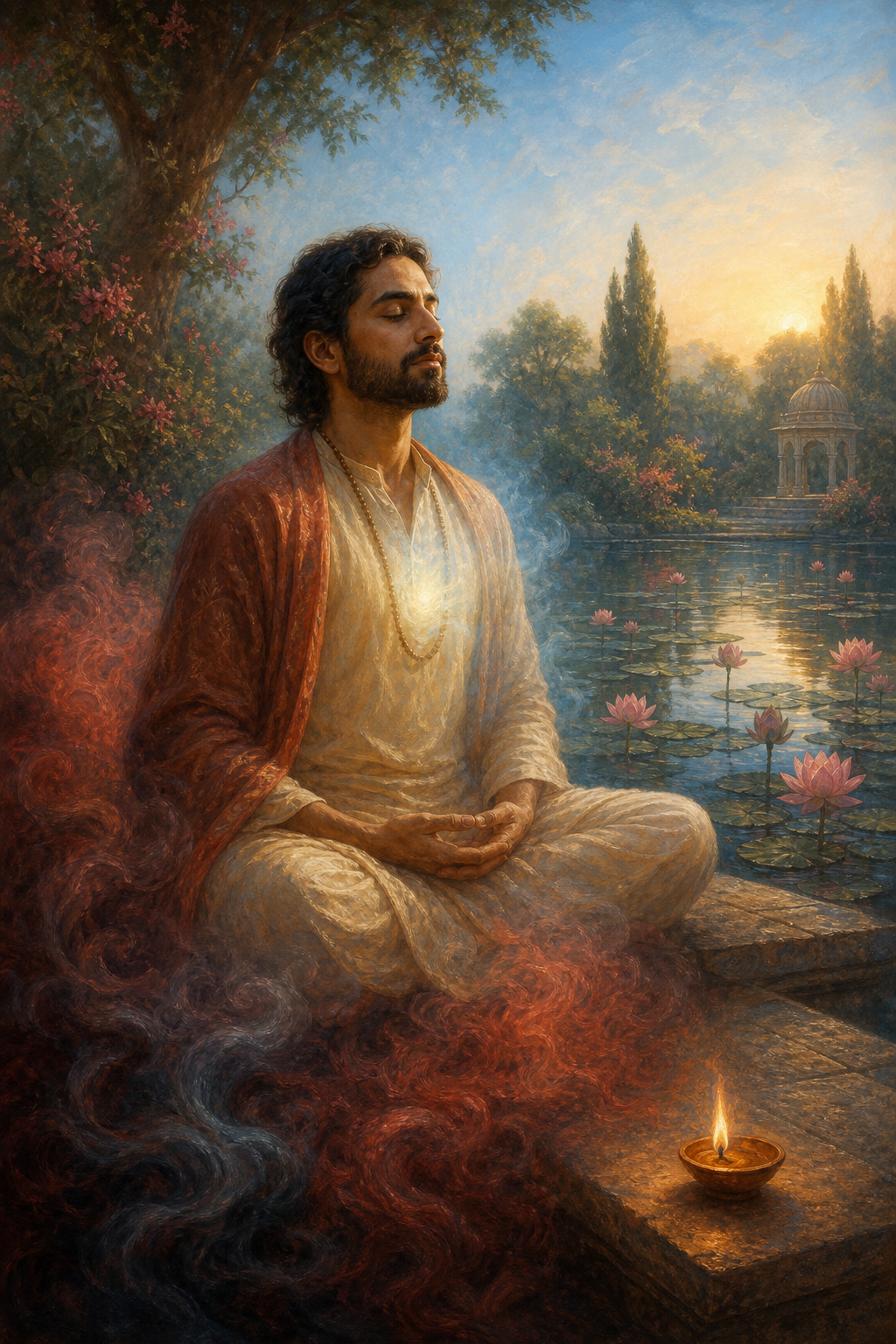 A seated practitioner meditates beside a lotus pond as dark red mist clears into bright blue morning air.