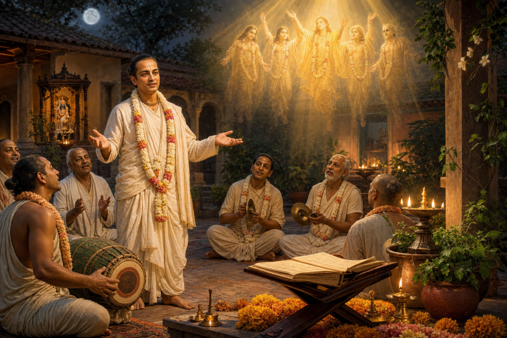 Srivasa Pandita welcomes devotees for kirtan in a sacred Navadvipa courtyard