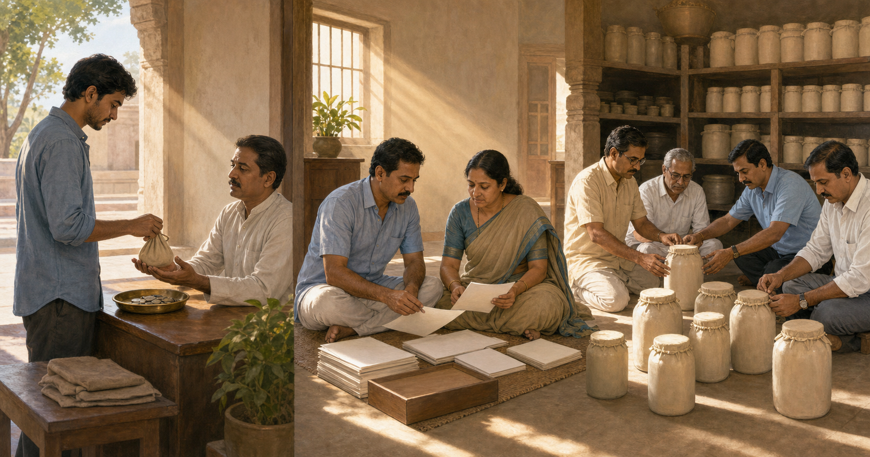 A continuous scene shows a person returning coins, two relatives reviewing household funds, and trustees checking sealed donation vessels.