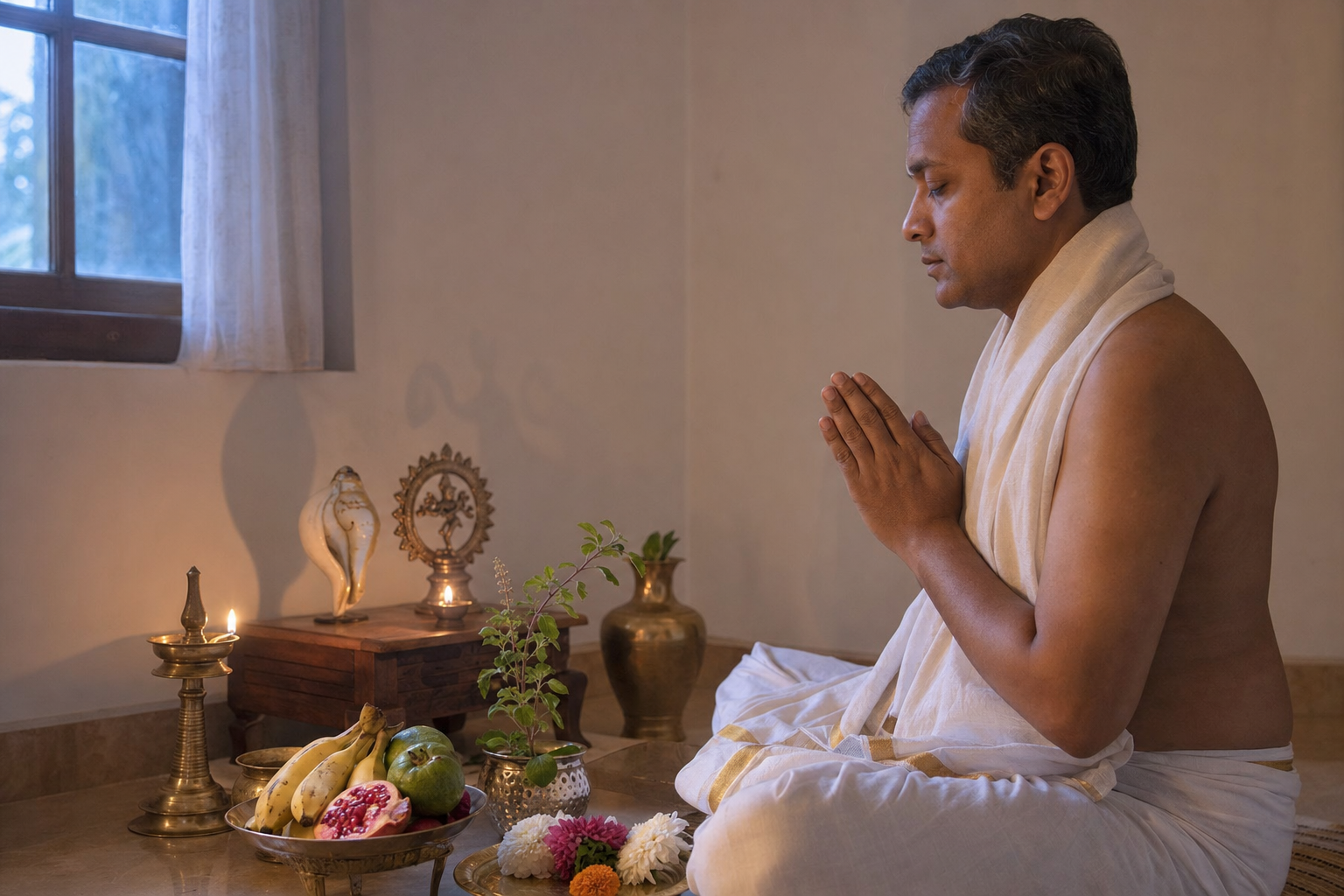A devotee prays at dawn beside an oil lamp, brass water vessel, tulsi leaves, flowers and fruit in a simple home shrine.