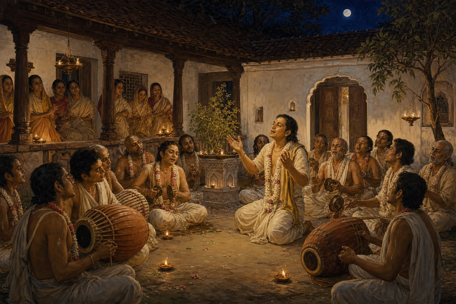 Srivasa Pandit leads a nighttime sankirtana gathering with drums and hand cymbals in the lamp-lit courtyard of his Navadvipa home.