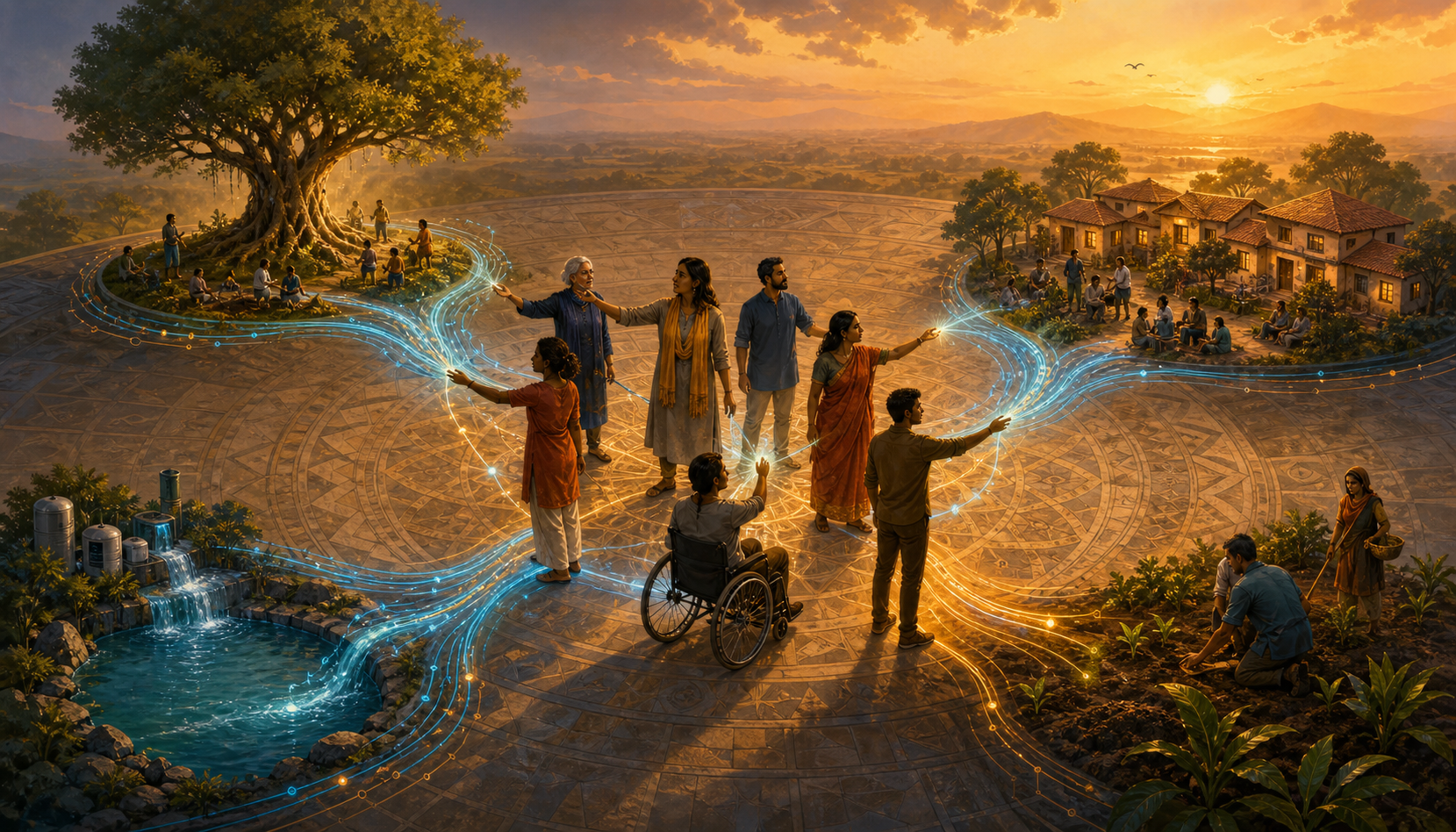 People guide branching streams of luminous circuitry toward a tree, a community, clean water and restored land.