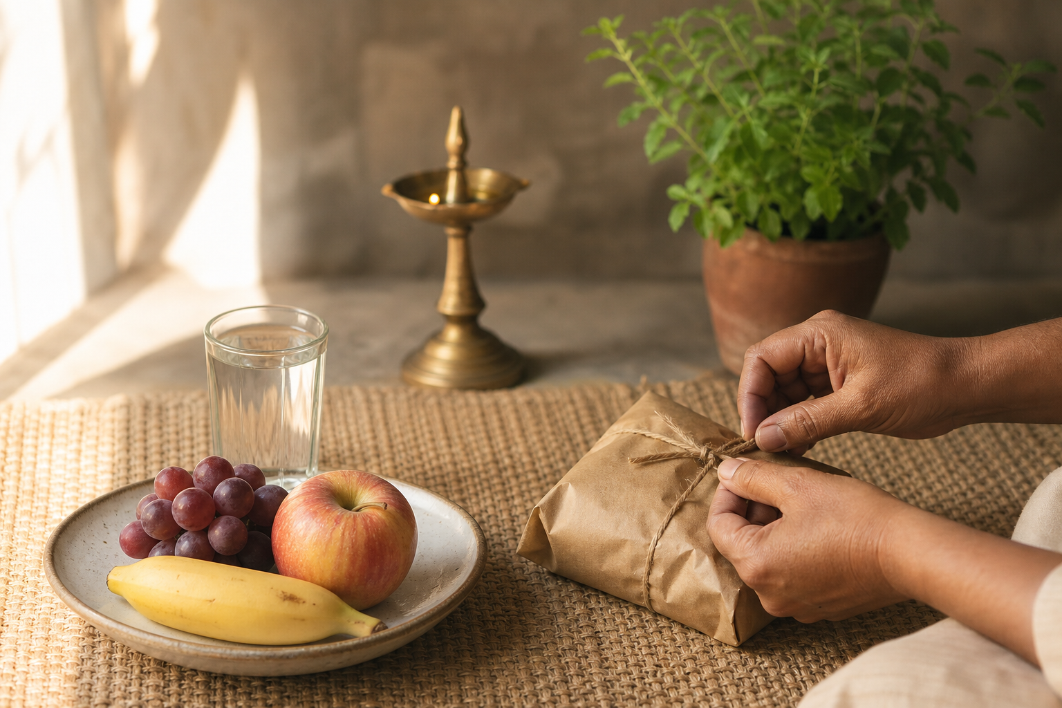 Hands prepare a small food parcel beside an untouched plate of fruit and water, with a prayer lamp and tulsi plant nearby.