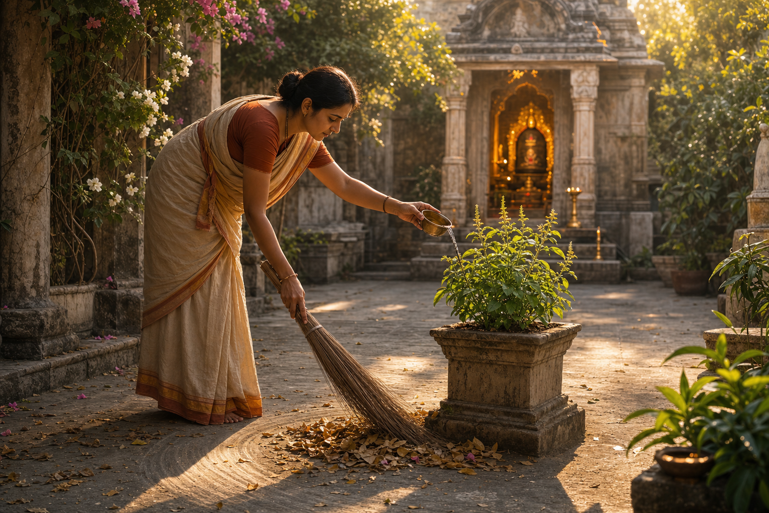 A devotee sweeps a stone courtyard and offers water to a sacred basil plant near a softly glowing shrine.