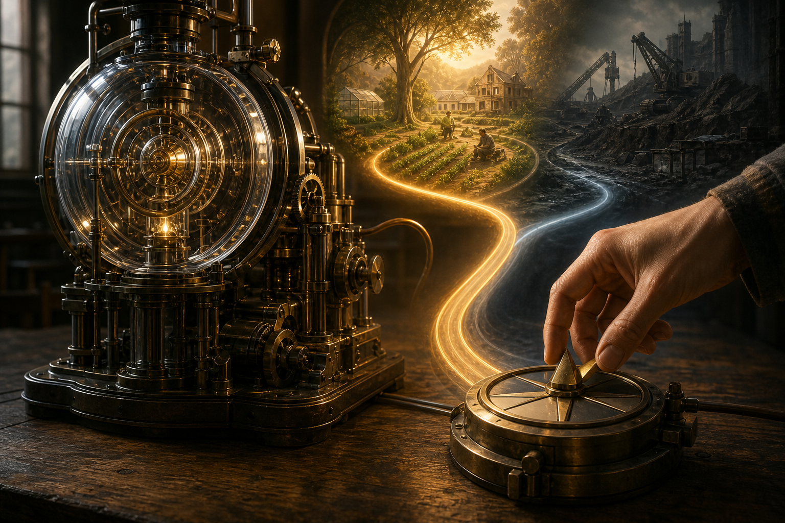 A person sets the direction of a large machine toward cultivation, healing and shelter in a quiet workshop.