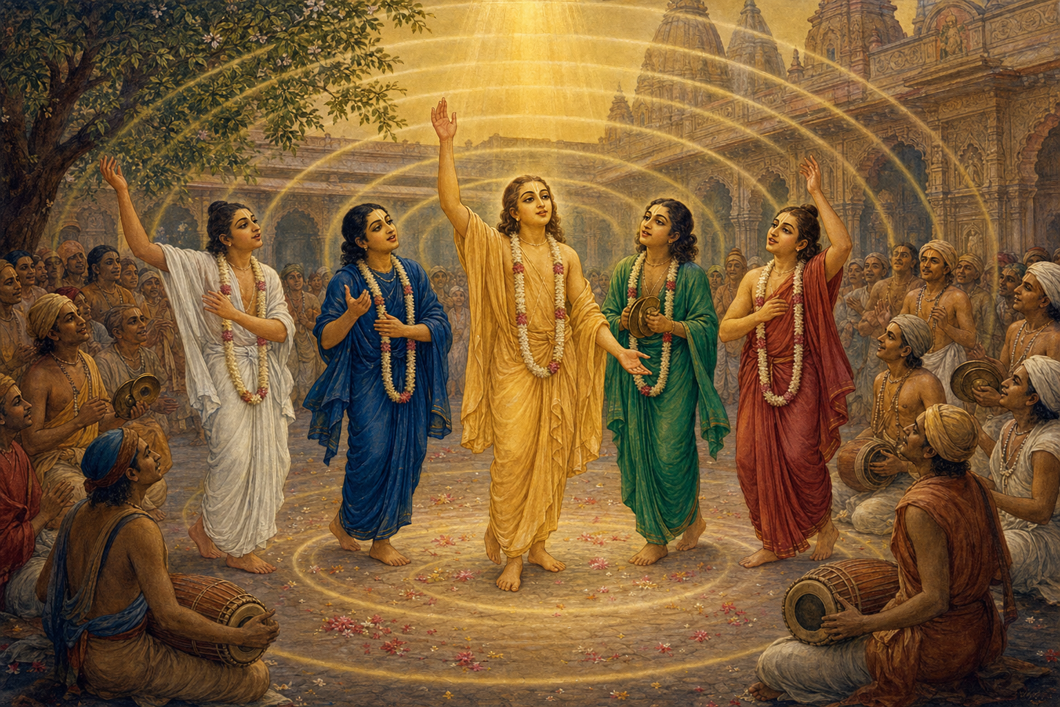 Five devotional figures stand within a circle of singers and musicians as golden light spreads through a Bengali courtyard.
