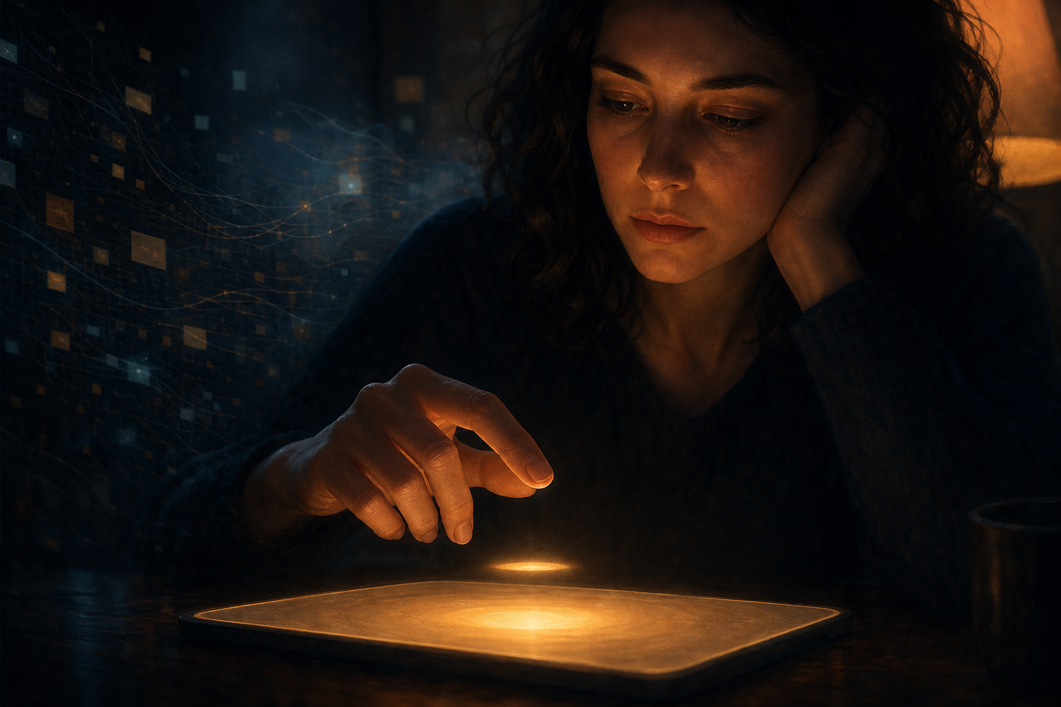 A seated person pauses with a finger above a glowing digital control while surrounding notifications fade into shadow.