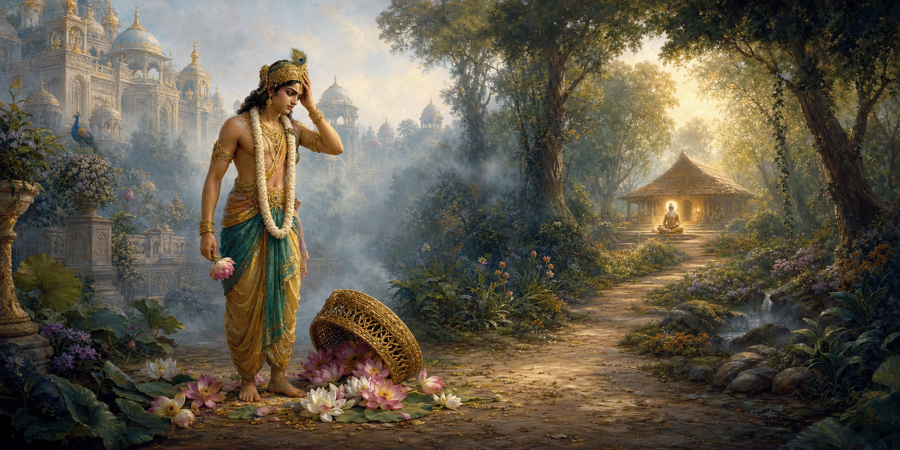 A celestial gardener stands beside scattered lotus flowers while a forest path leads from a distant palace garden toward a sage's hermitage.