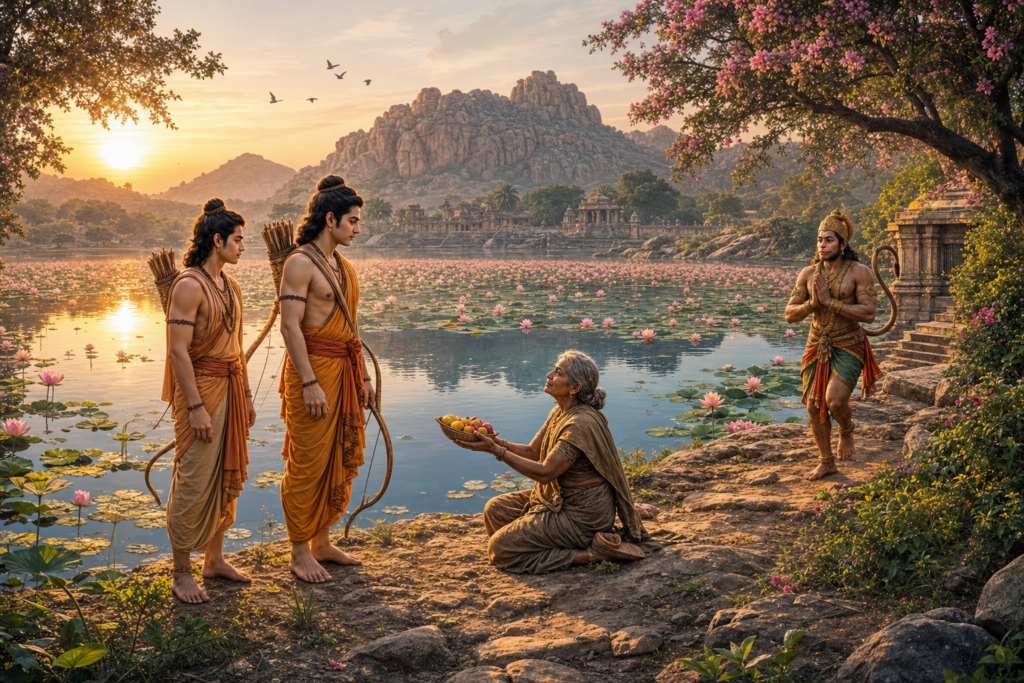 Sri Rama and Lakshmana meet Shabari and Hanuman beside lotus-filled Pampa Sarovara at sunrise.