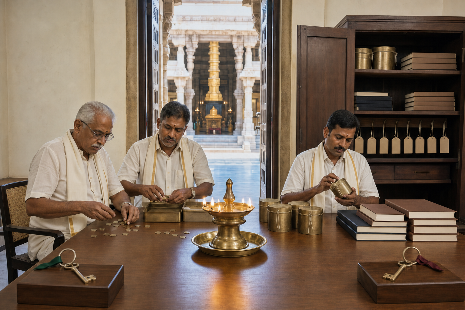 Three custodians jointly count offerings and inspect sealed containers in an orderly temple administration room lit by an oil lamp and daylight.