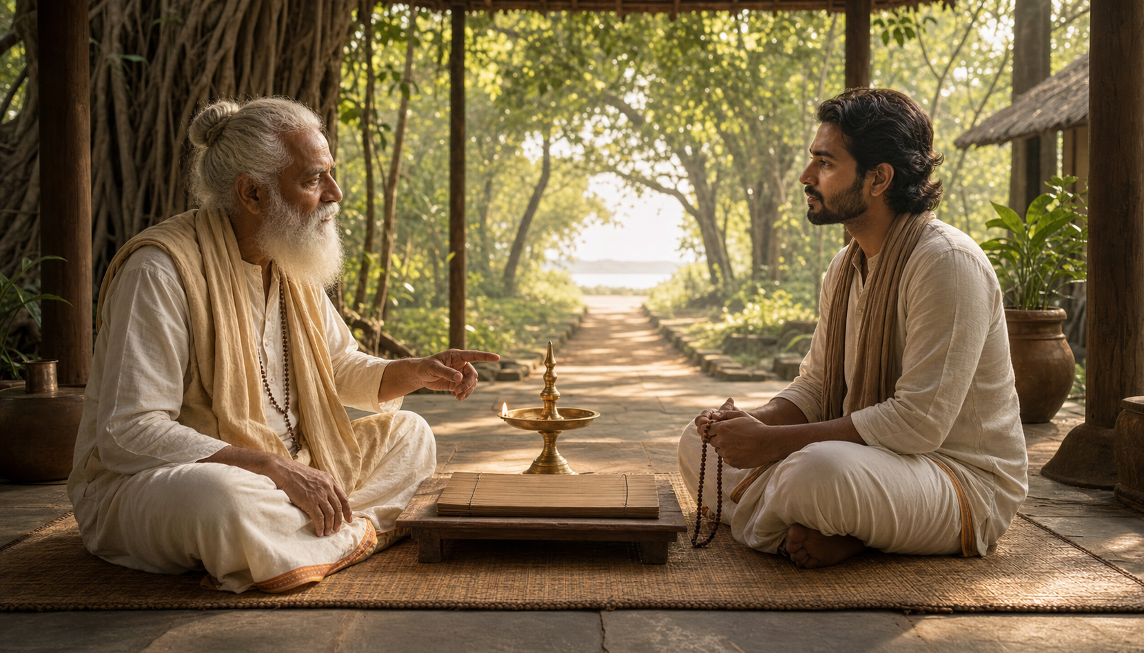 An elder teacher and an adult student discuss an unmarked manuscript beside a lamp in a forest ashram.