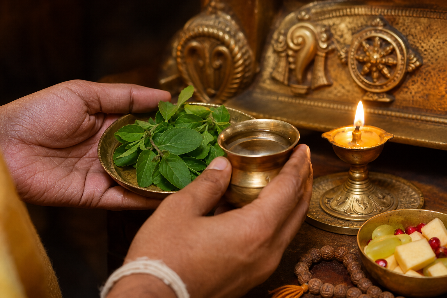 A devotee offers tulsi leaves and water beside an oil lamp, prayer beads, fruit and a brass shrine decorated with conch and discus symbols.