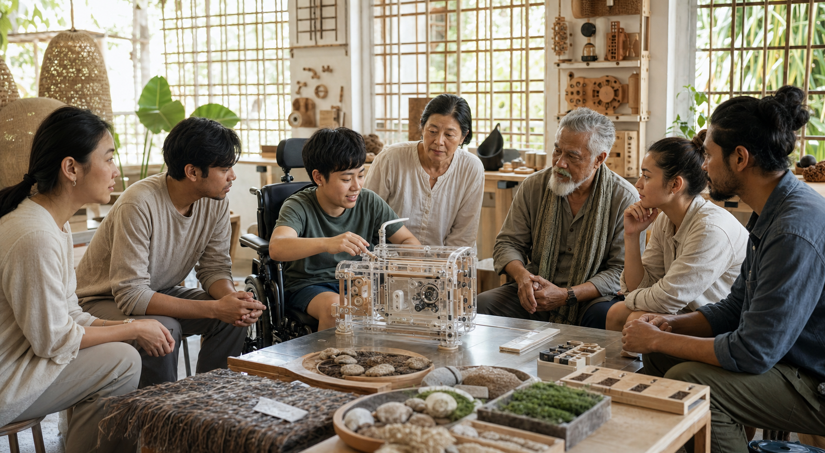 Students, teachers, engineers and elders evaluate an assistive technology prototype together in a sunlit studio.