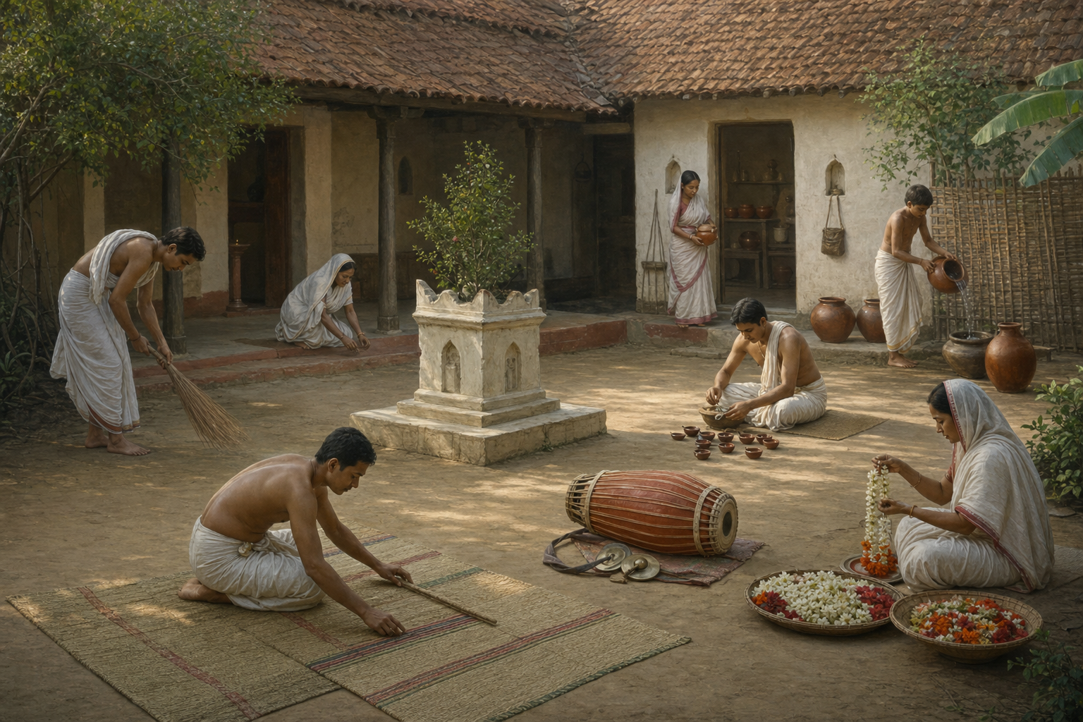 Members of a Bengali household sweep a courtyard, arrange mats and lamps, prepare garlands, and set out instruments for sankirtana.