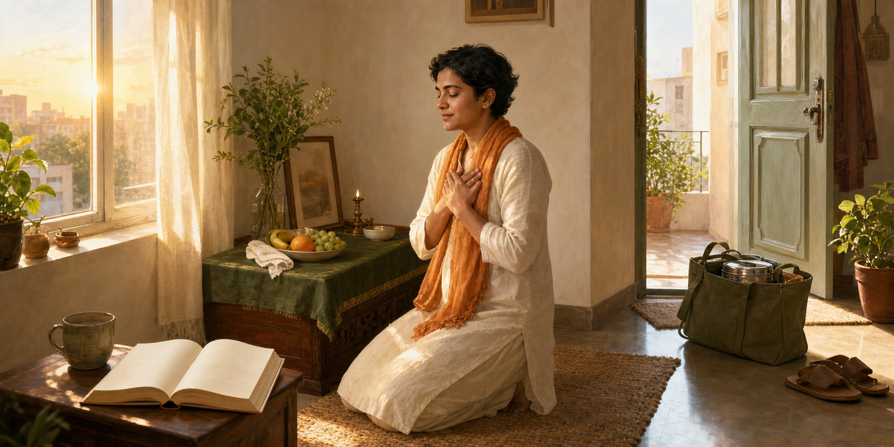 A practitioner studies, cleans a home shrine, prepares a fruit offering, and sets aside a packed meal for service.