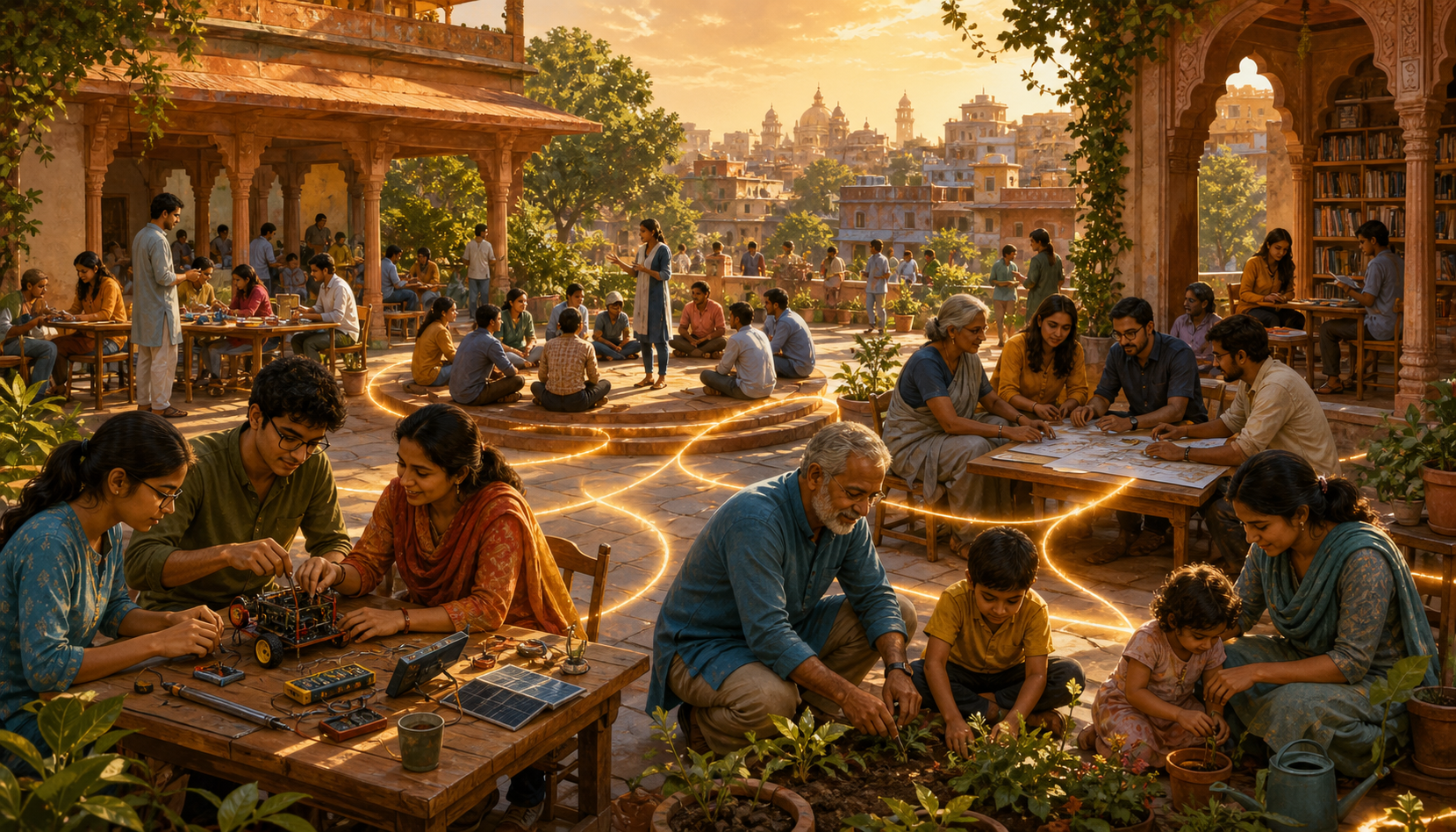 People build, teach, deliberate and garden together in an open civic courtyard connected by luminous pathways.