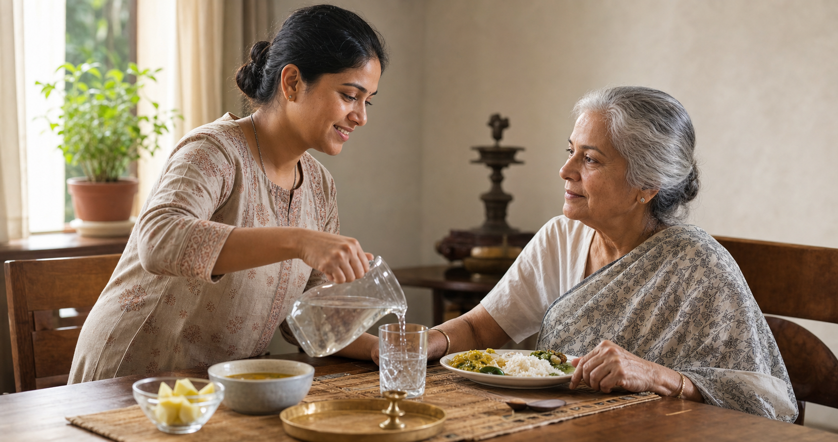A devotee carefully serves a simple meal and water to an older family member in a sunlit home, with a tulsi plant in the background.