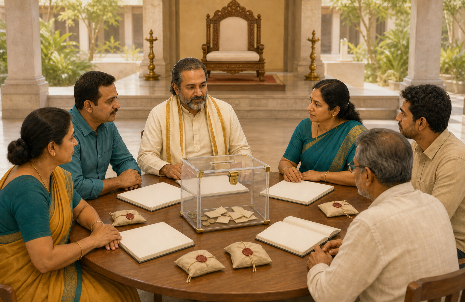 A spiritual officeholder and community reviewers sit at a circular table examining the same offering box, blank records, and seals.