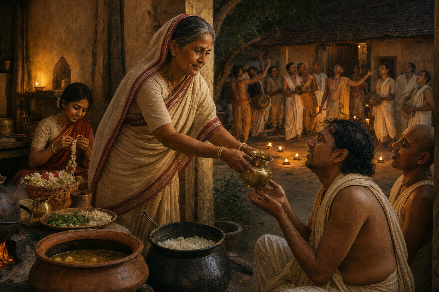Malini Devi offers water beside a household kitchen while helpers prepare food and flowers for devotees singing in the courtyard.