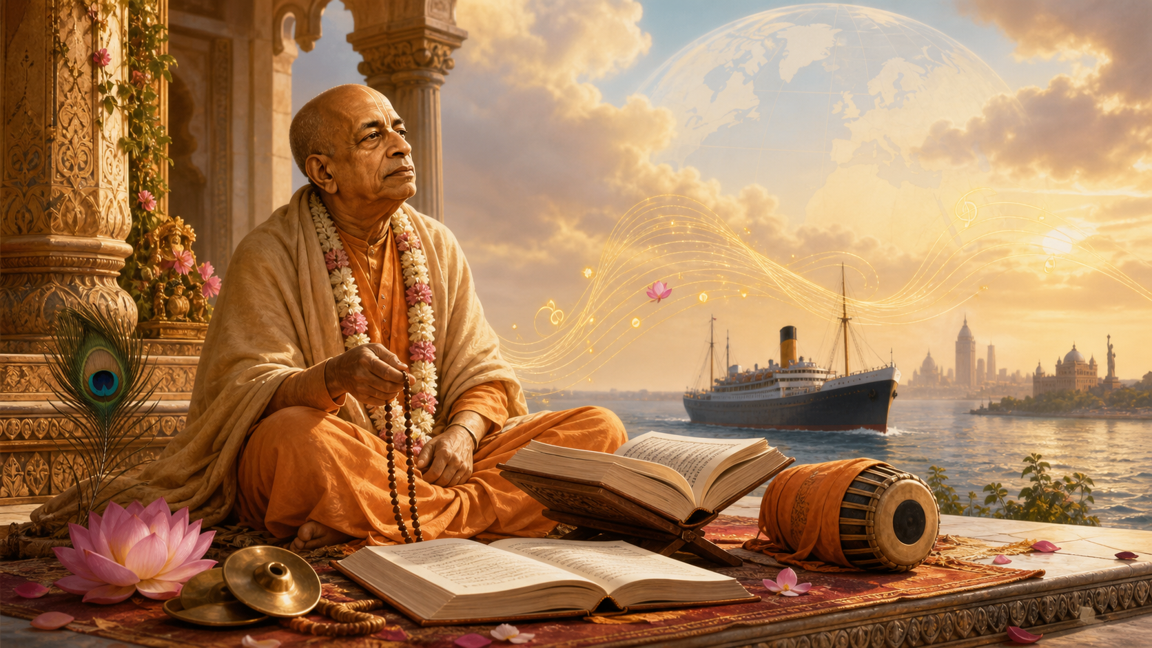 Elderly Vaishnava teacher with sacred books, japa beads, kirtan instruments, and ocean voyage symbolism