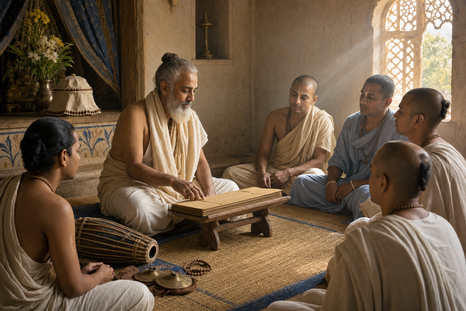 Srivasa Pandit and several devotees sit around an open palm-leaf manuscript at dawn, with a drum and hand cymbals nearby.