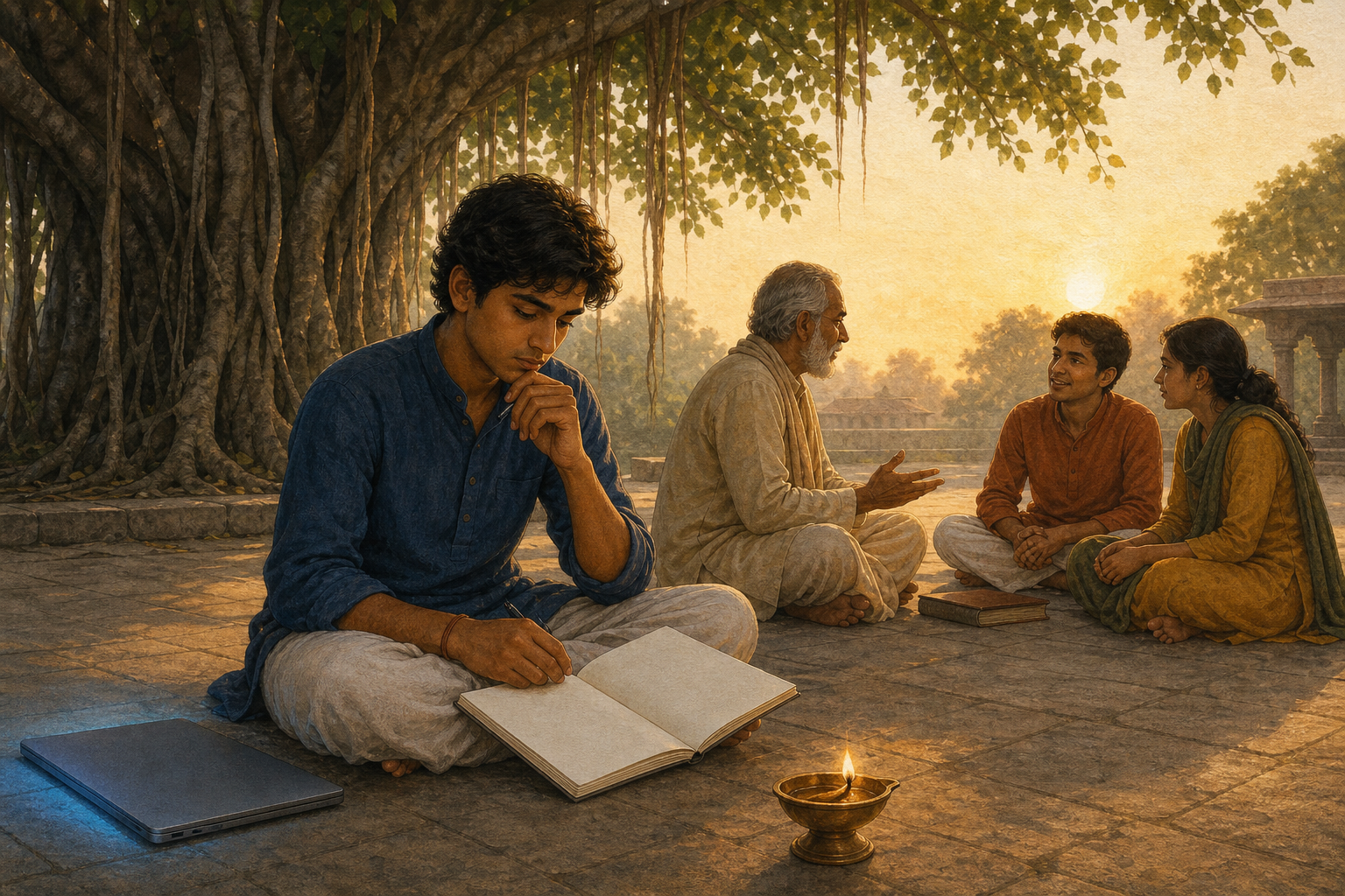 A student reflects with a notebook in a banyan-shaded courtyard while a teacher and two peers converse beside a softly glowing closed laptop.