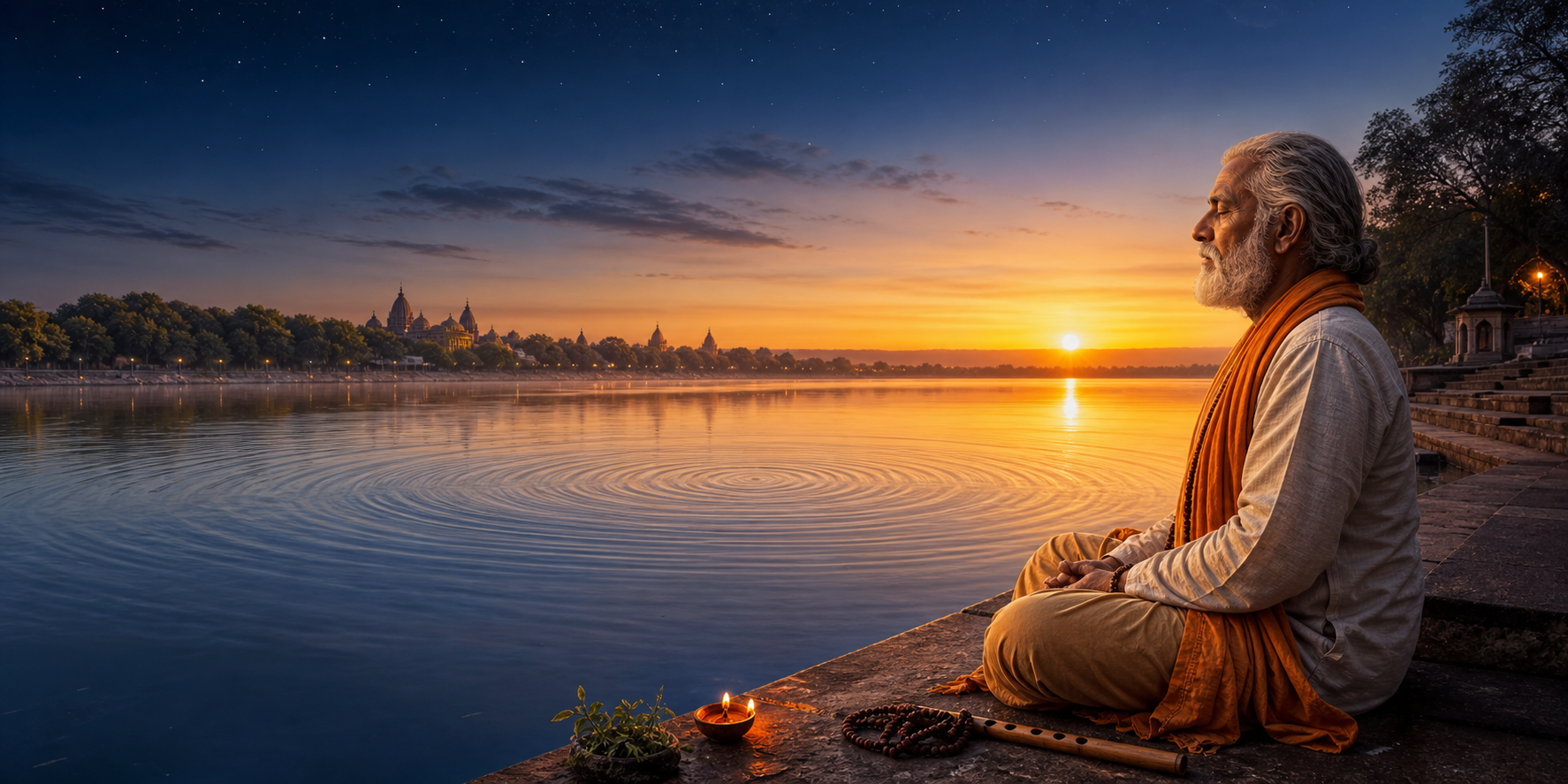 An elderly spiritual practitioner meditates beside a river at twilight near a clay lamp, prayer beads, tulsi leaves, and a wooden flute.