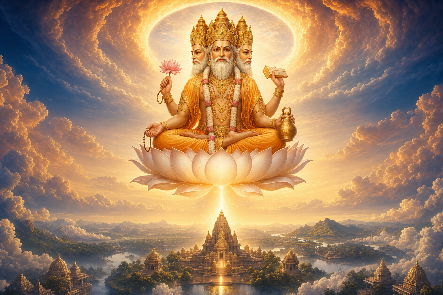 Four-faced Brahma sits on a luminous lotus above a temple landscape aligned with a radiant vertical axis in the sky.
