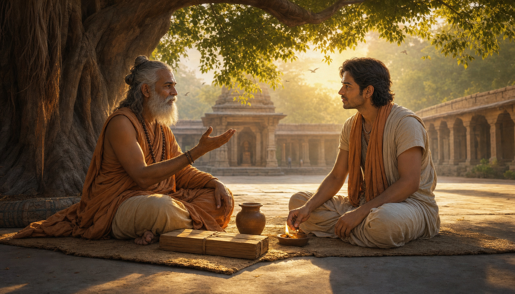 A spiritual teacher and an adult student sit beneath a banyan tree beside a closed manuscript, a water vessel, and a small oil lamp.
