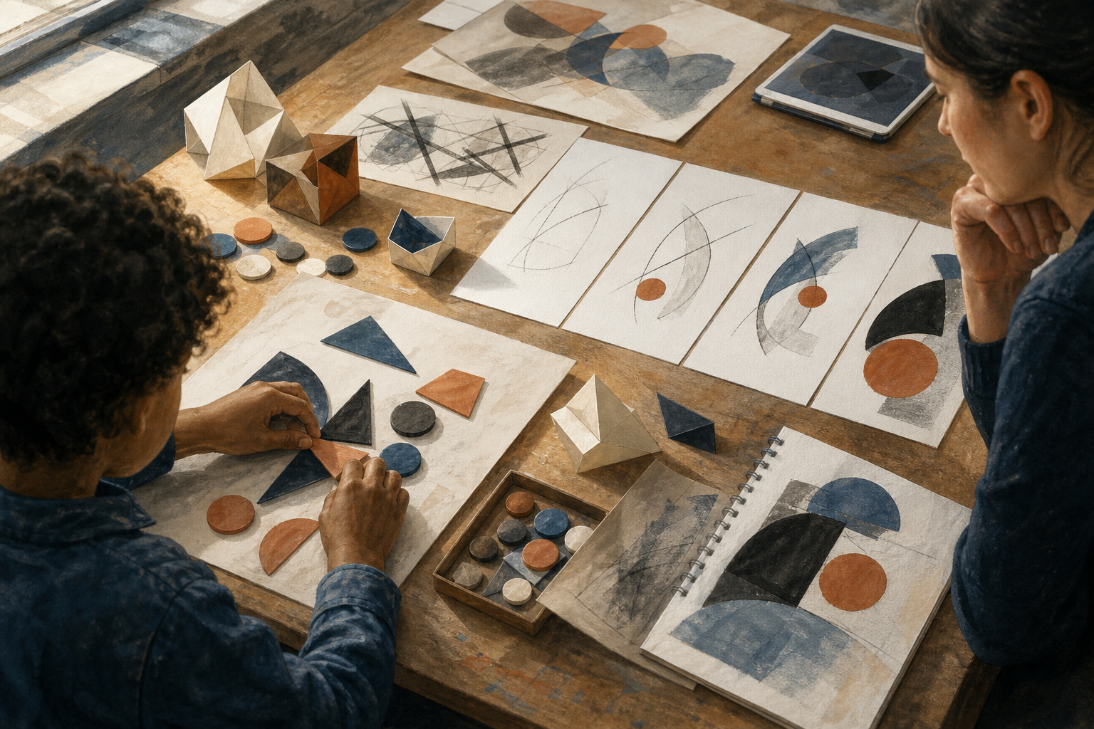 A student's hands arrange counters, paper models, and successive sketches on a classroom table as a teacher observes nearby.