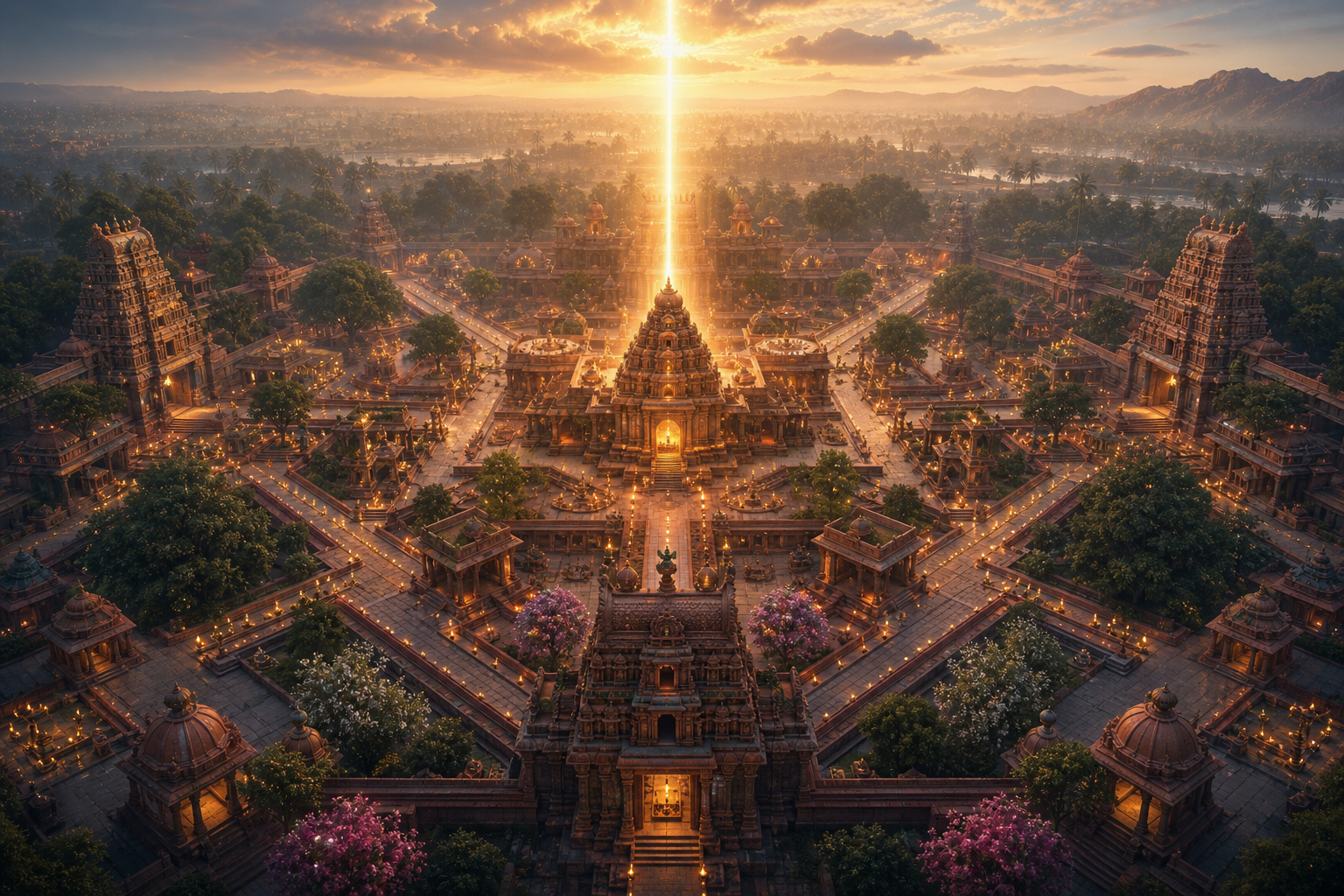 A symmetrically arranged temple precinct has gateways and paths around a central sanctuary illuminated by an upward shaft of sunlight.