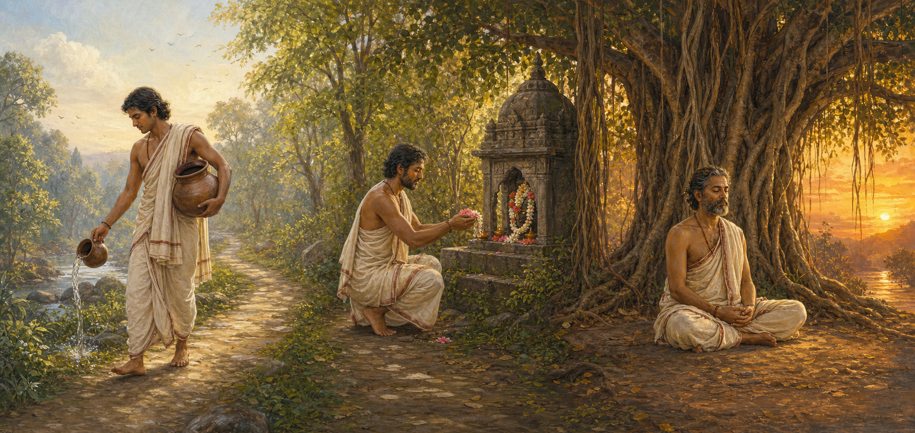 A practitioner is shown at three stages of life, serving others, making a flower offering, and meditating beneath a banyan tree.