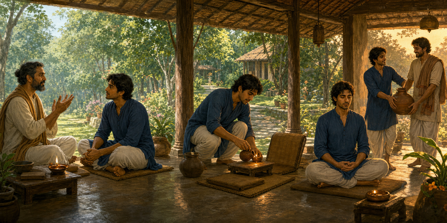 A student listens to a teacher, tends a shared study space, reflects quietly, and helps another ashram resident carry water.