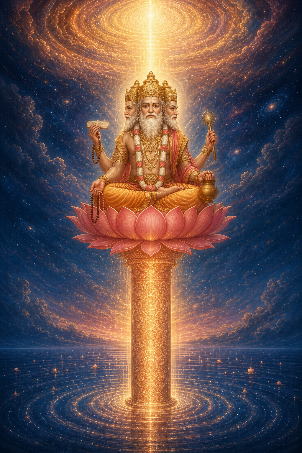 Four-faced Brahma sits on a lotus above a glowing vertical pillar that rises from dark, calm waters.
