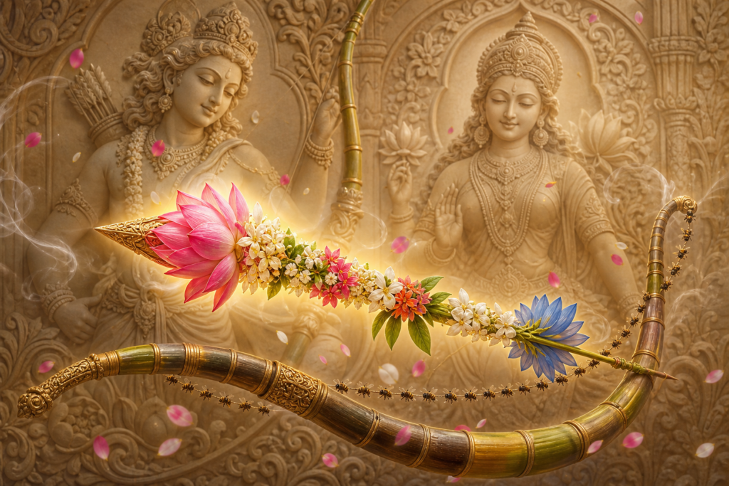 Pushpa Bana flower arrow glowing across a sugarcane bow before Hindu temple reliefs