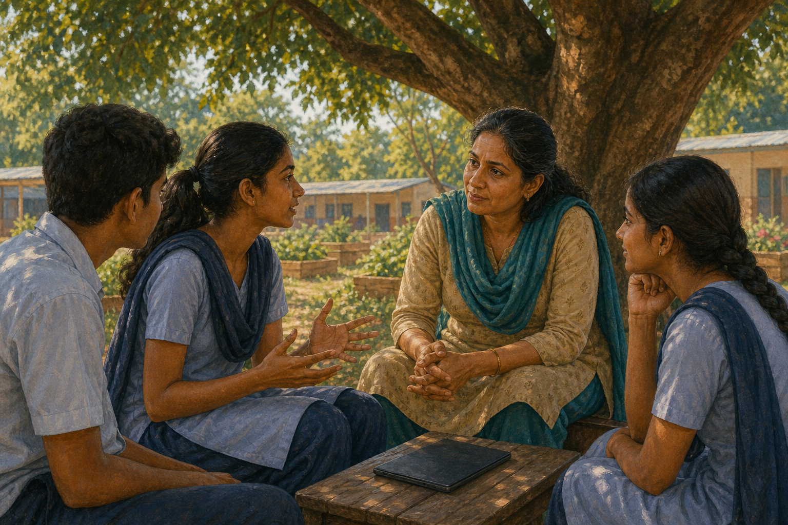 An educator listens to a teenage student beneath a tree while two classmates sit nearby and a tablet lies face down on a bench.