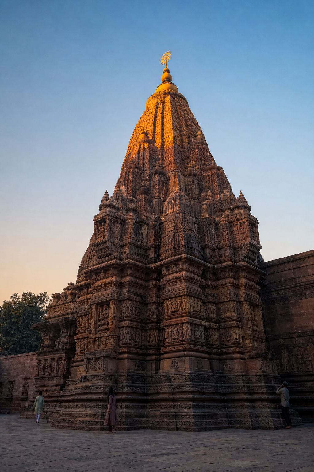A tall carved stone temple rises from a shaded courtyard toward a sunlit spire and finial.