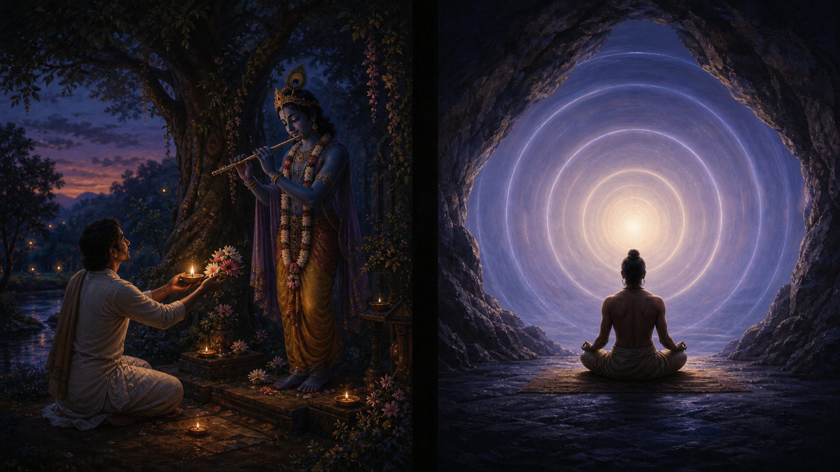 A flower-bearing devotee faces a dark-blue divine figure in one scene, while a solitary yogi meditates within rings of light in a separate cave scene.