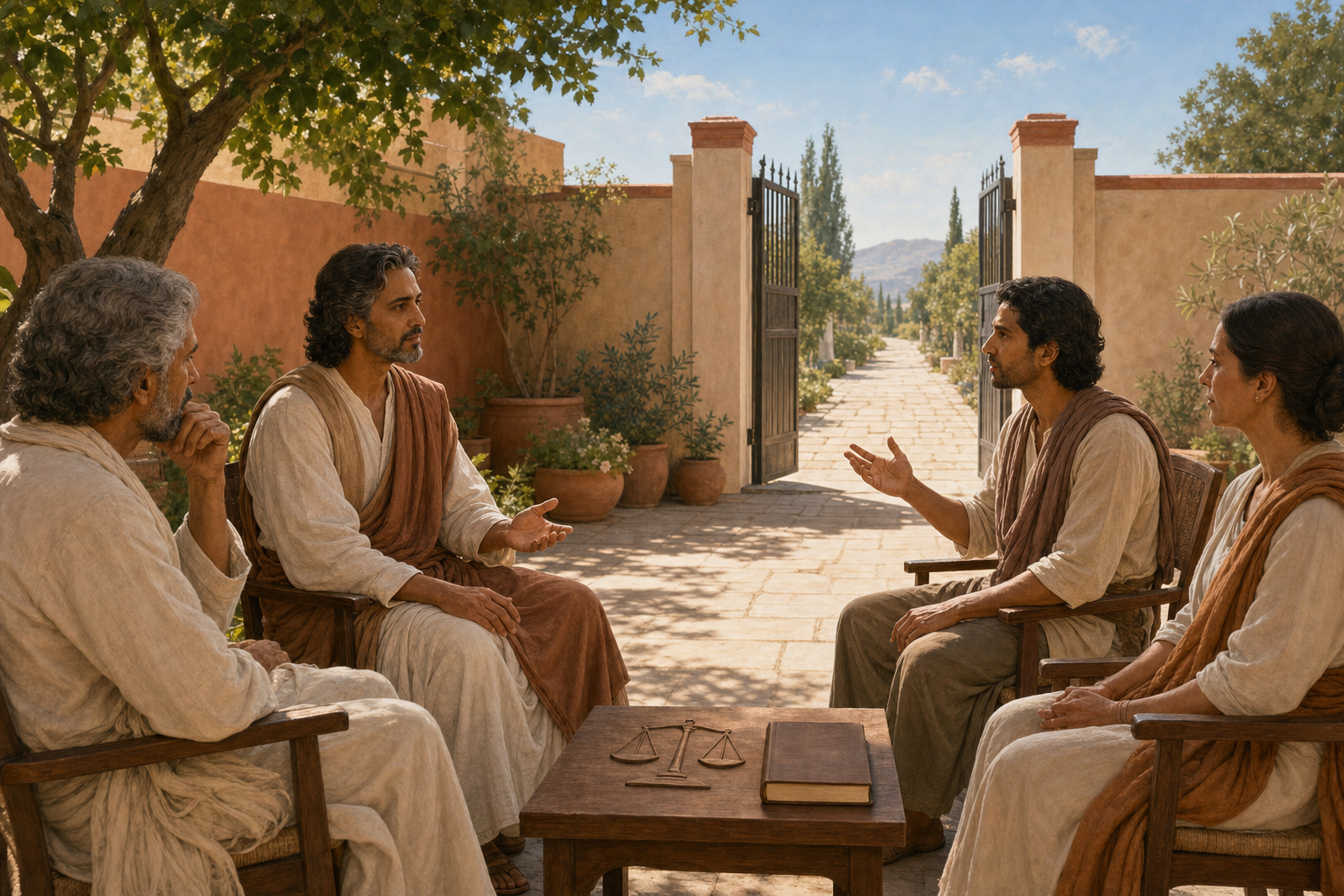 A student questions a teacher in an open courtyard while two community members observe and an unobstructed gate stands nearby.