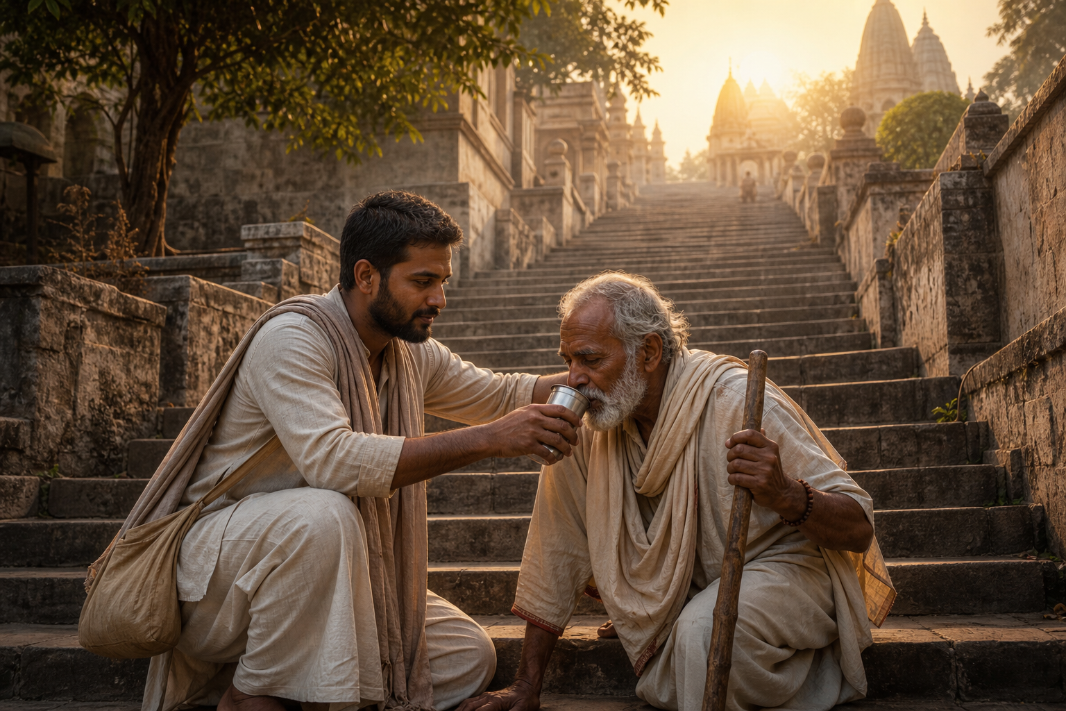 A pilgrim helps an elderly traveler and offers water at the base of stone steps leading to a sunlit temple.