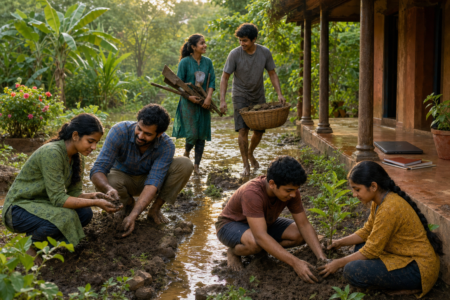 Students and a teacher work together in a rain-fresh garden, guiding water, supporting a sapling, and carrying tools.