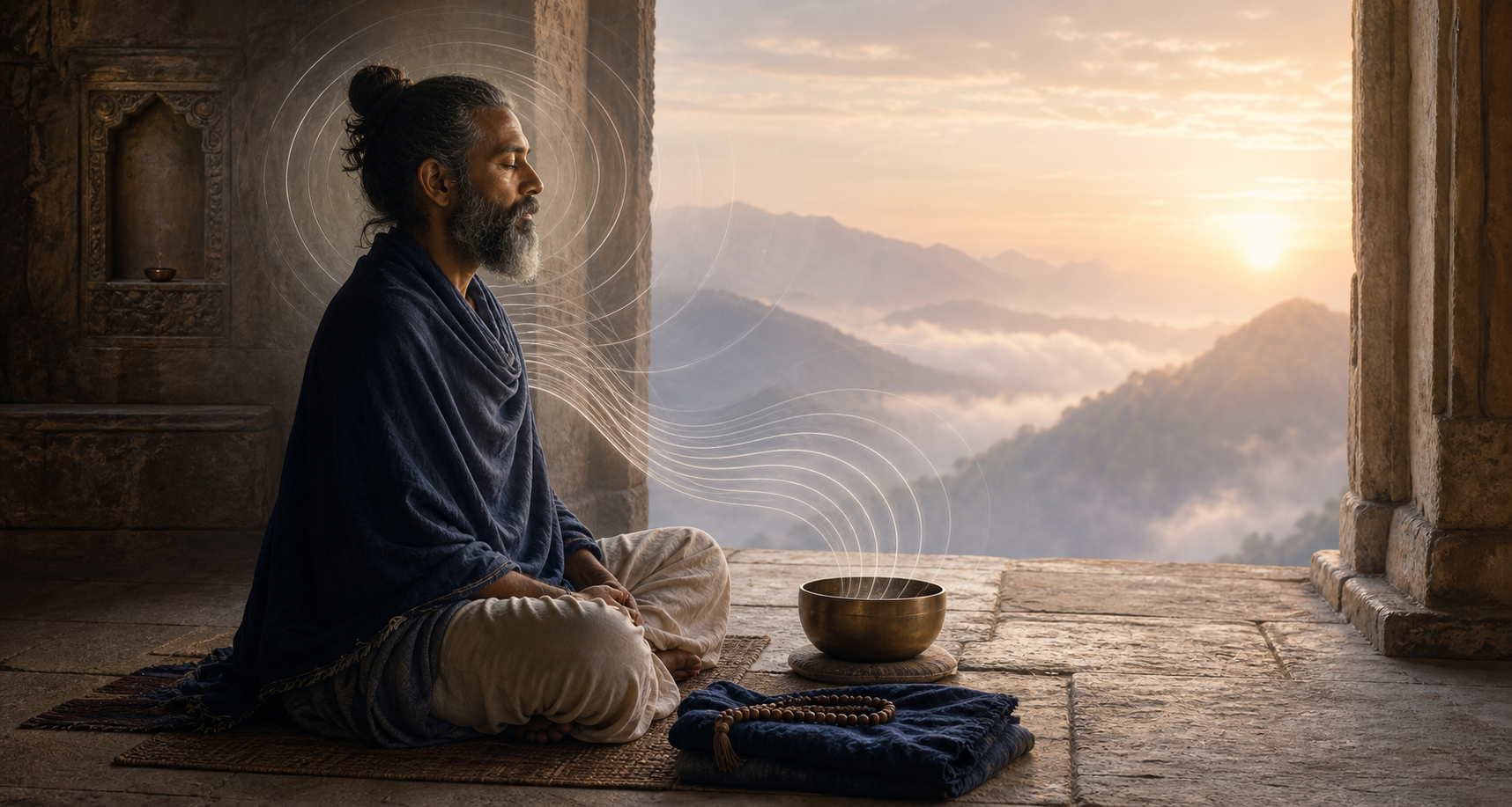 A seated yogi listens in meditation as faint concentric waves from a bronze vessel dissolve into light inside a mountain hermitage.