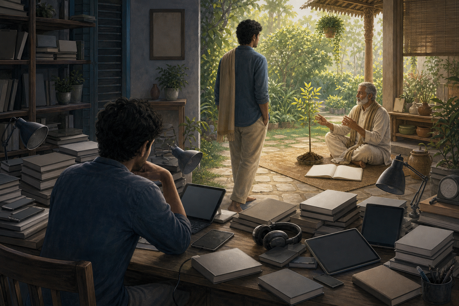 A seeker leaves a desk crowded with books and digital devices to learn directly from a mentor beside a young sapling.