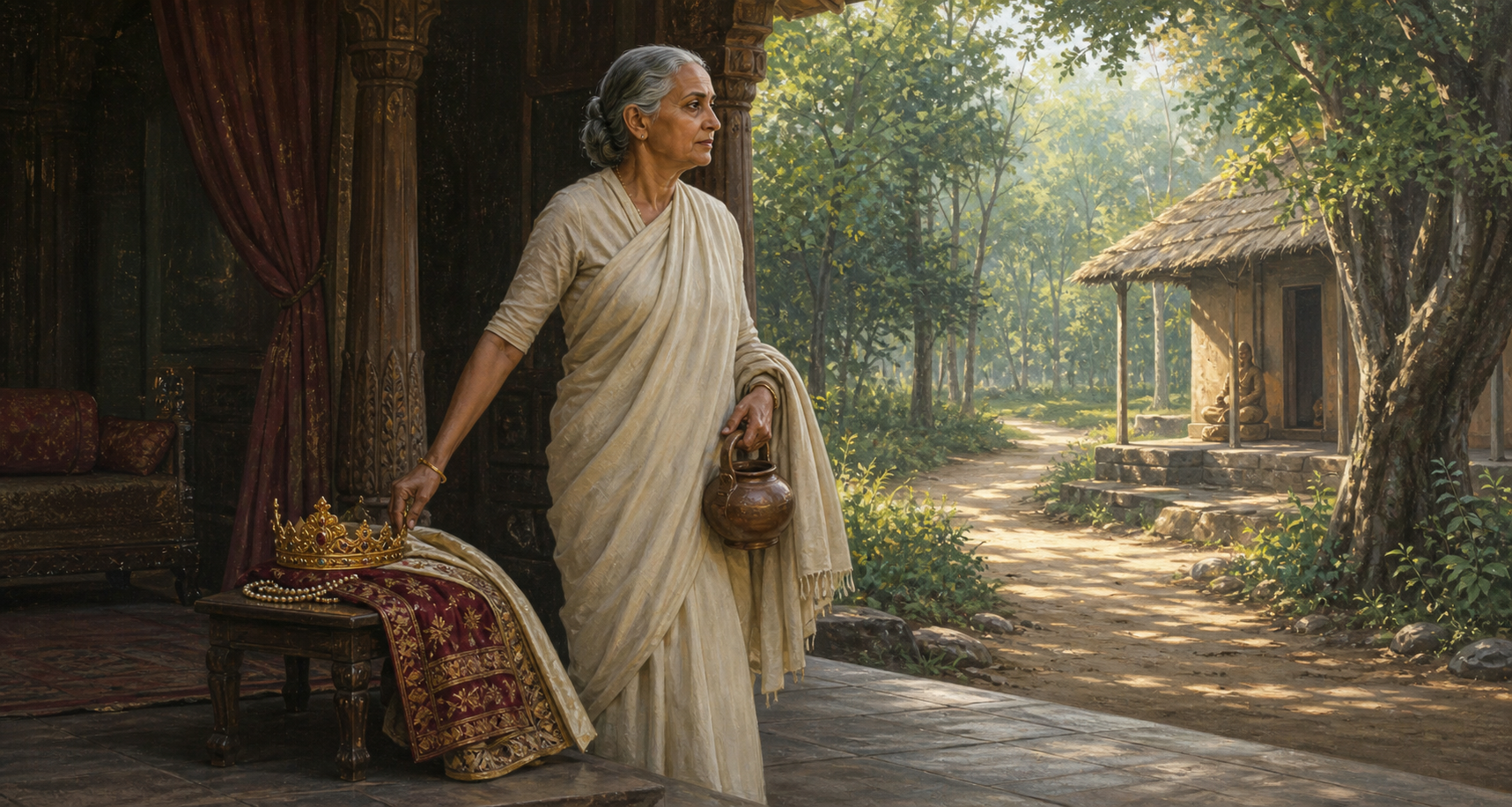 An older woman in plain clothing leaves a crown, jewelry, and royal robe on a stool as she walks toward a forest hermitage.