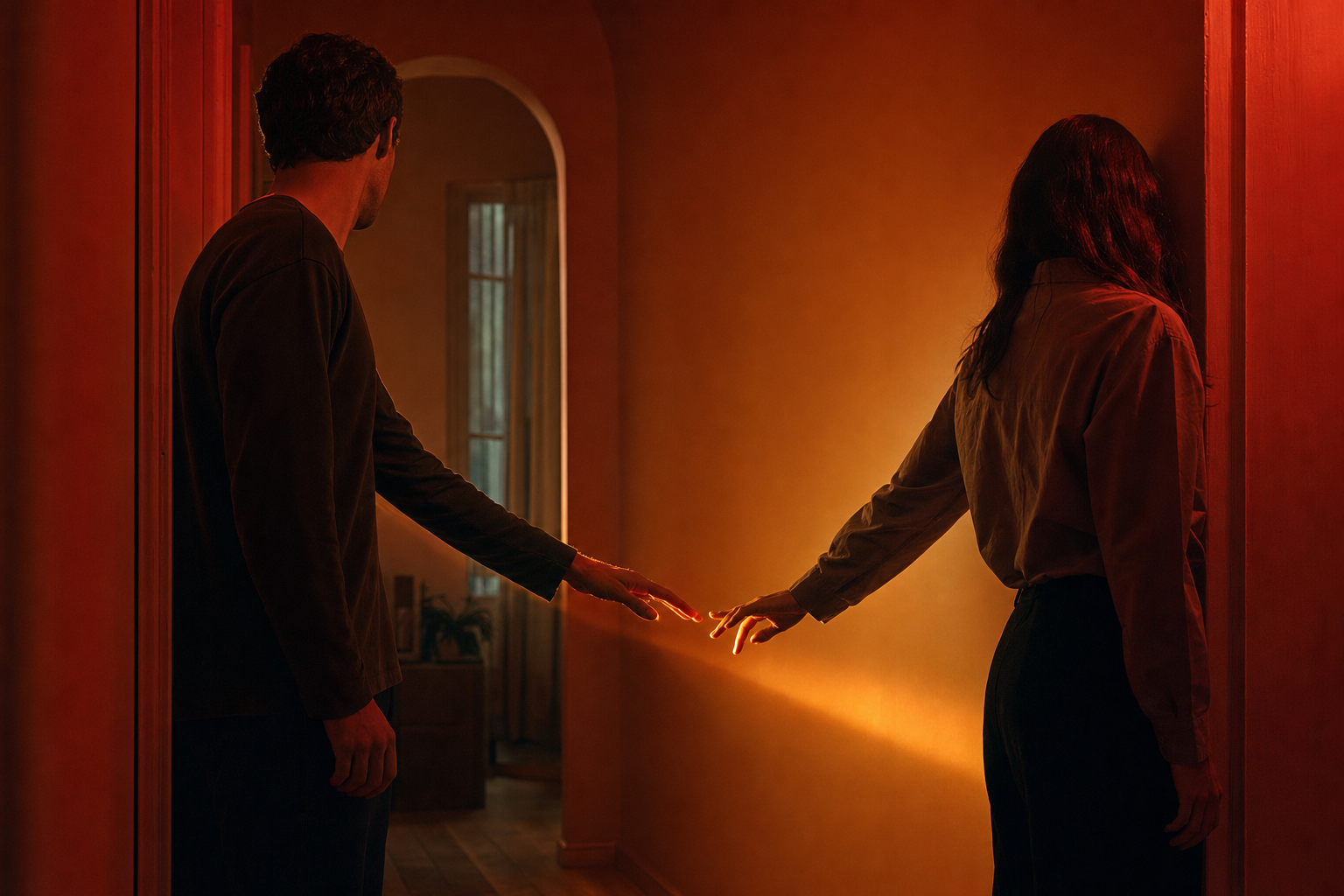 Two adults stand close in a dim hallway, nearly touching hands as warm light falls between them and red shadows surround them.