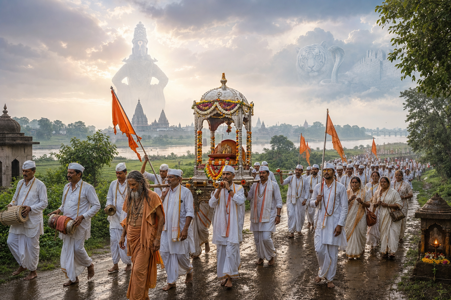 Sant Changdev Maharaj Palkhi procession with Warkari pilgrims walking toward Pandharpur in the monsoon