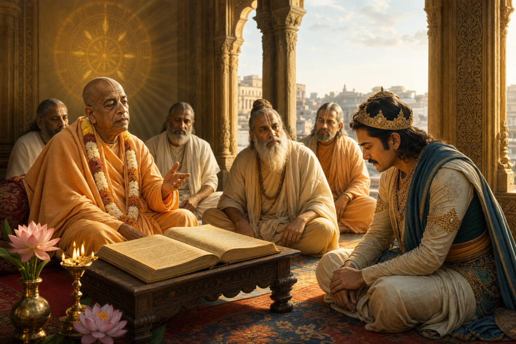 Vaishnava teacher counsels a humble ancient Indian ruler beside scripture, sages, lotus flowers, and an oil lamp.