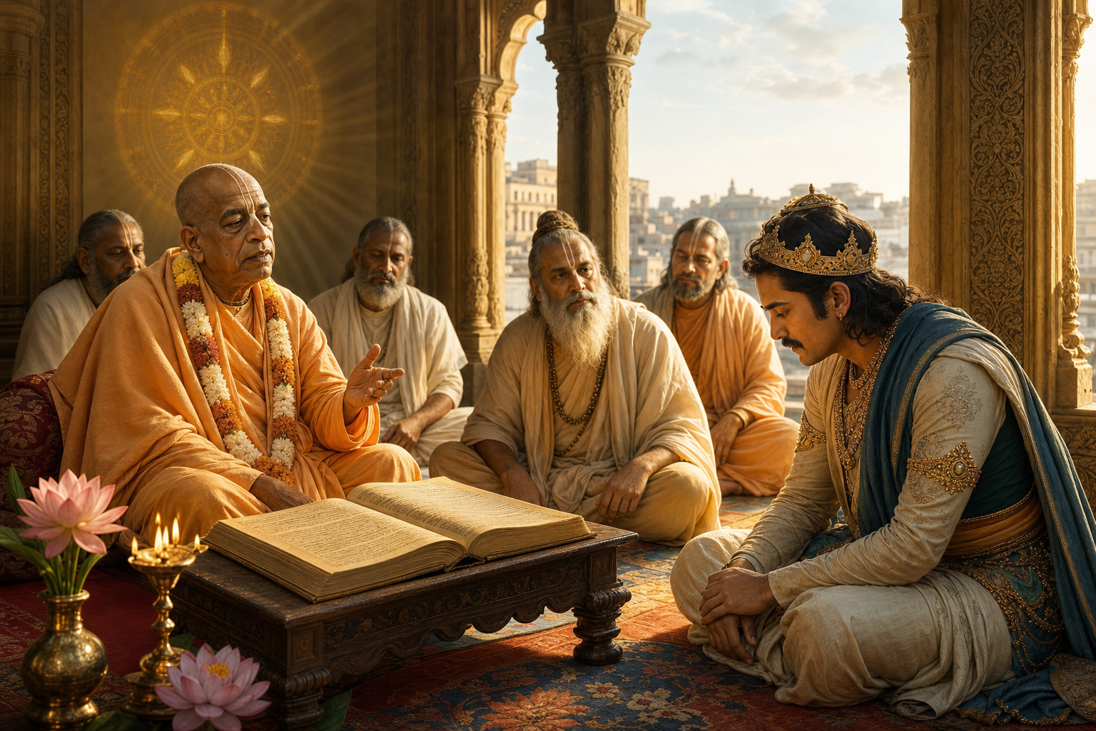 Vaishnava teacher counsels a humble ancient Indian ruler beside scripture, sages, lotus flowers, and an oil lamp.