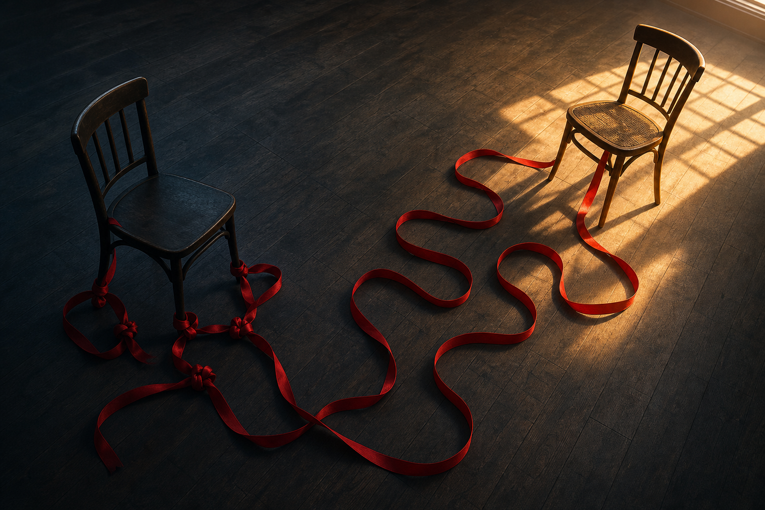 A red ribbon loops between one chair in cool shadow and another chair in warm window light, forming knots along the path.